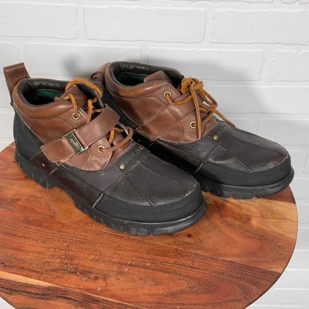 Polo Ralph Lauren Duck Boots Men‎ 12D Black Brown Leather Ankle Hardy II Lace Up